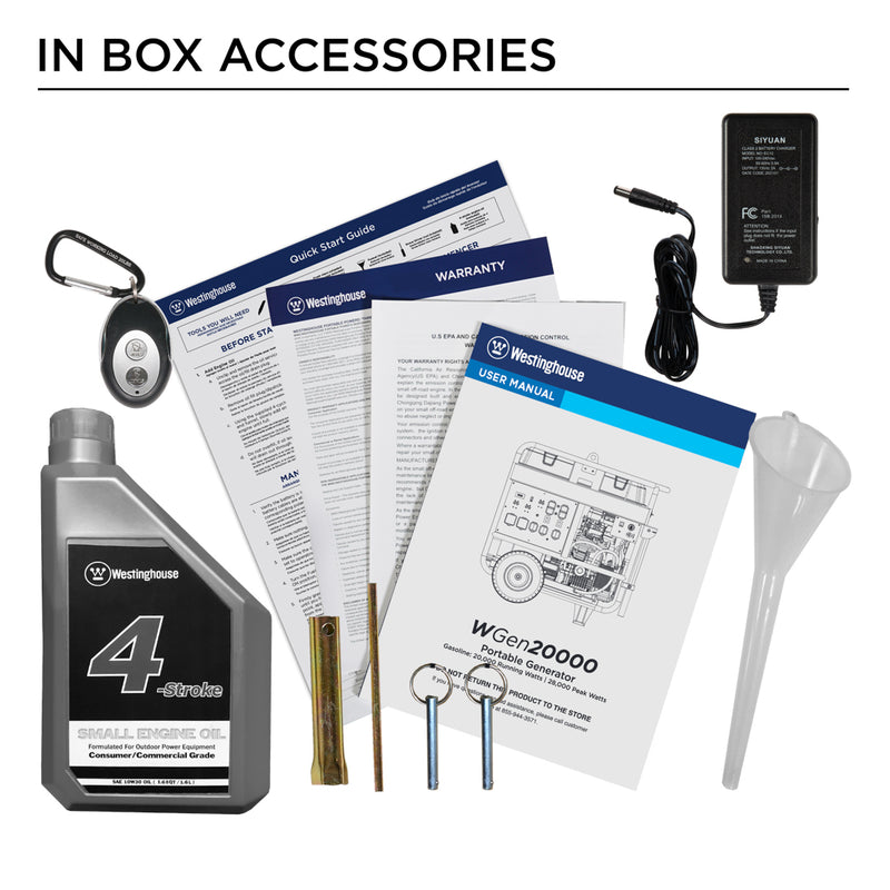Westinghouse | WGen20000 portable generator in box accessories: oil bottle, oil funnel, tool kit, quick- release pins, remote fob and documents