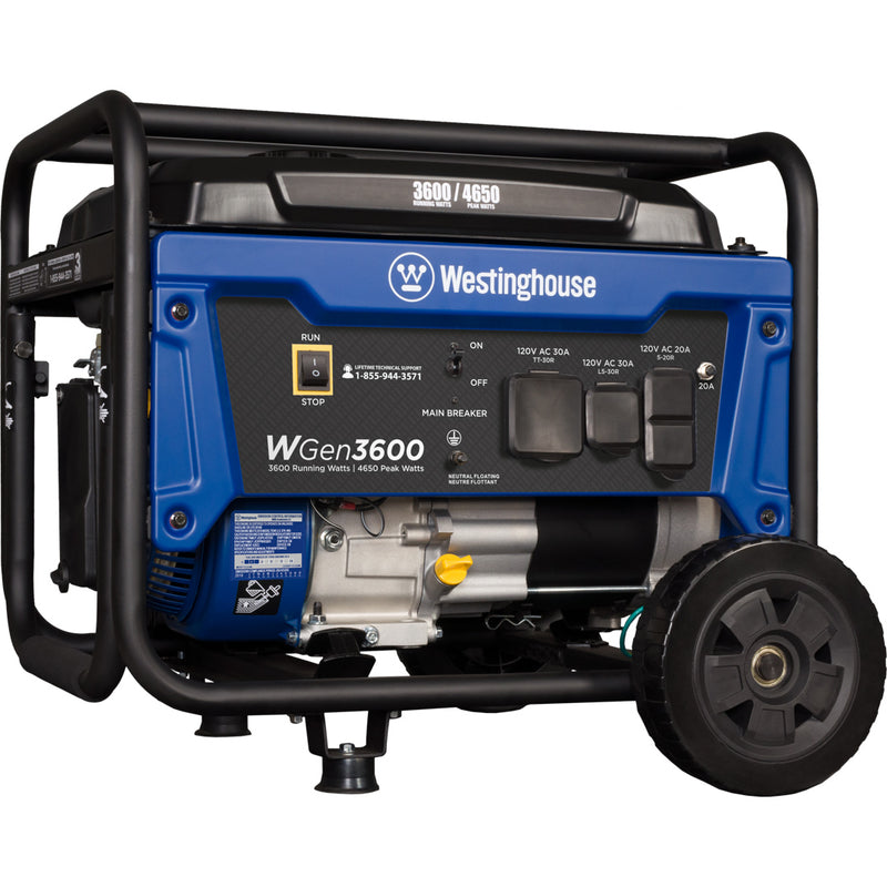 Westinghouse | WGen3600 portable generator shown at an angle on a white background.
