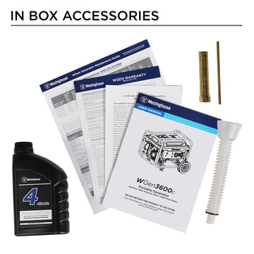 Westinghouse | WGen3600c portable generator in box accessories, bottle of oil, maintenance guide, warranty sheet, manual, tools, oil funnel