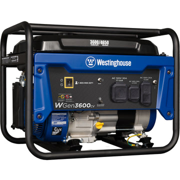 Westinghouse | WGen3600cv portable generator shown at an angle on a white background.