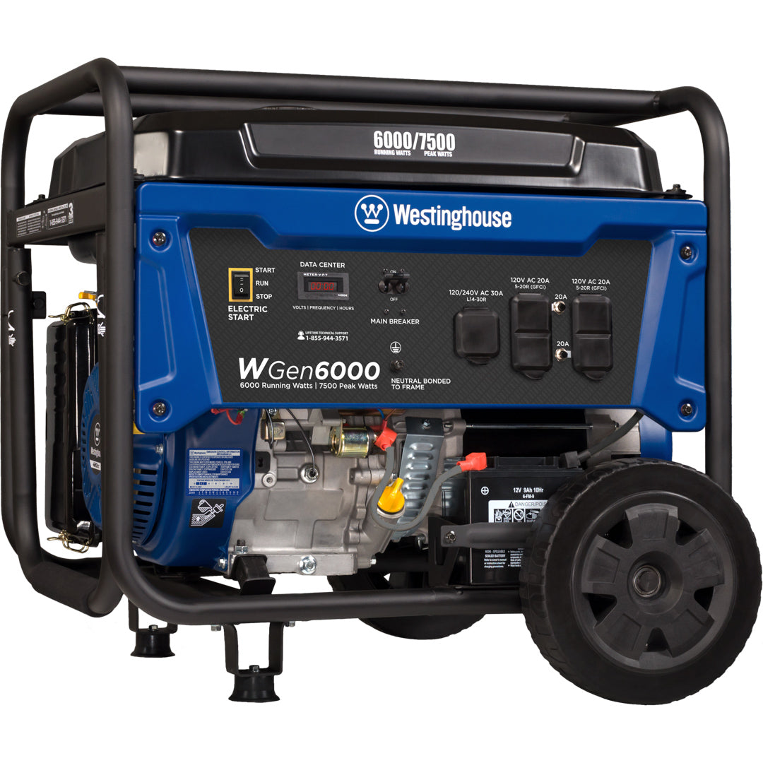 Westinghouse WGen6000 Portable Generator with Electric Start - 6000 Rated Watts & 7500 Peak Watts - Gas Powered - CARB Compliant Westinghouse WGen6000 Portable Generator with Electric Start - 6000 Rated Watts & 7500 Peak Watts - Gas Powered - CARB Compliant