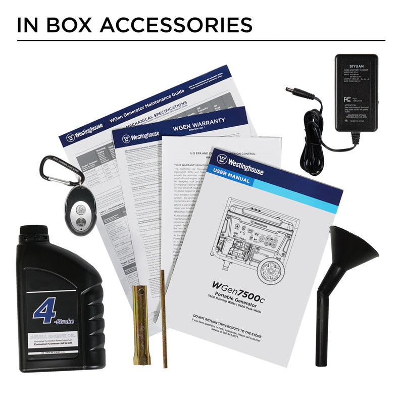 Westinghouse | WGen7500c in box accessories: manual, warranty, quick start guide, maintenance guide, oil bottle, oil funnel, spark plug wrench, remote, and battery float charger