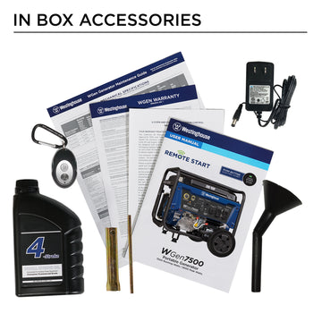 Westinghouse | WGen7500 portable generator in box accessories: Manual, warranty, quick start guide, oil bottle, oil funnel, spark plug wrench, remote, and battery float charger.
