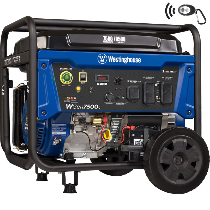 Westinghouse | WGen7500c portable open frame generator with remote start key fob shown at an angle on a white background