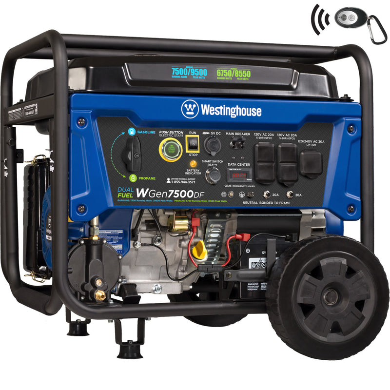 Westinghouse | WGen7500DF Dual Fuel Portable Generator shown at an angle on a white background.