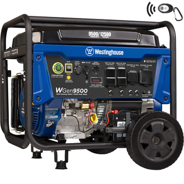 Westinghouse | WGen9500 portable generator shown at an angle on a white background.