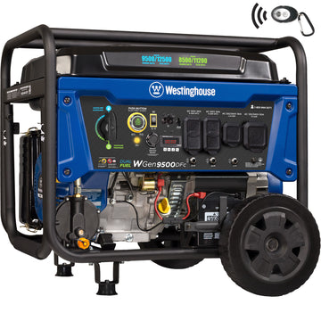 Westinghouse | WGen9500DFc Portable Open Frame Generator Shown With Remote Start Key Fob on a White Background