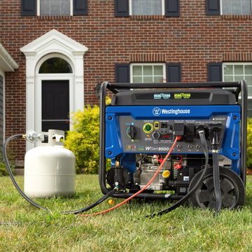 Westinghouse | WGen9500DFc portable generator shown being hooked up to a propane tank sitting in the grass in front of a house. 