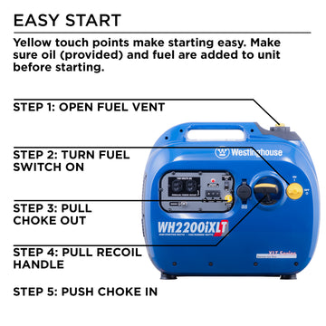 Westinghouse | WH2200iXLT inverter generator and control panel on white background with directions for easy start. Yellow touch points make starting easy. Make sure oil (provided) and fuel are added to unit before starting. Step 1: Open fuel vent. Step 2: Turn fuel switch on. Step 3: Pull choke out. Step 4: Pull recoil handle. Step 5: Push choke in.